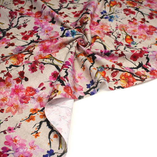 Tissu coton motif jardin japonais GUNMA aux oiseaux et fleurs de cerisier, fond lin - OEKO - TEX - tissuspipi.com