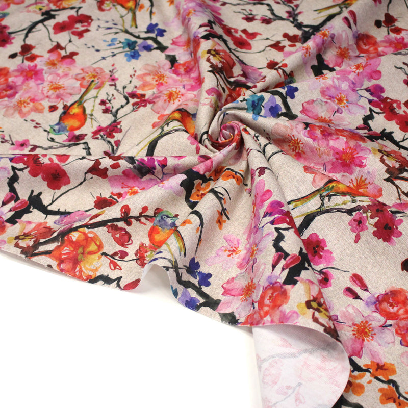 Tissu coton motif jardin japonais GUNMA aux oiseaux et fleurs de cerisier, fond lin - OEKO - TEX - tissuspipi.com