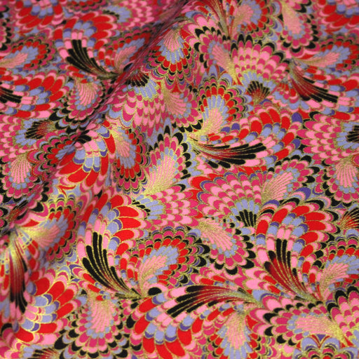 Tissu cotonnade motif japonais LES PLUMES DE PAON dorées, bleu turquoise ou rose fuchsia - COLLECTION JAPON DORÉ - tissuspipi.com