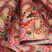Tissu cotonnade motif japonais LES PLUMES DE PAON dorées, bleu turquoise ou rose fuchsia - COLLECTION JAPON DORÉ - tissuspipi.com