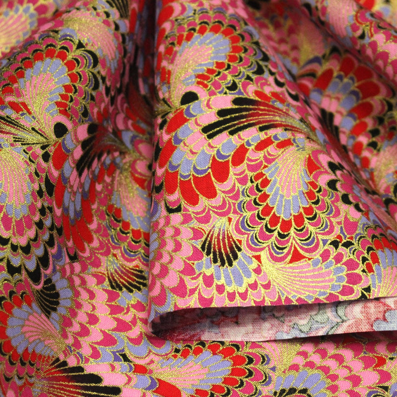 Tissu cotonnade motif japonais LES PLUMES DE PAON dorées, bleu turquoise ou rose fuchsia - COLLECTION JAPON DORÉ - tissuspipi.com