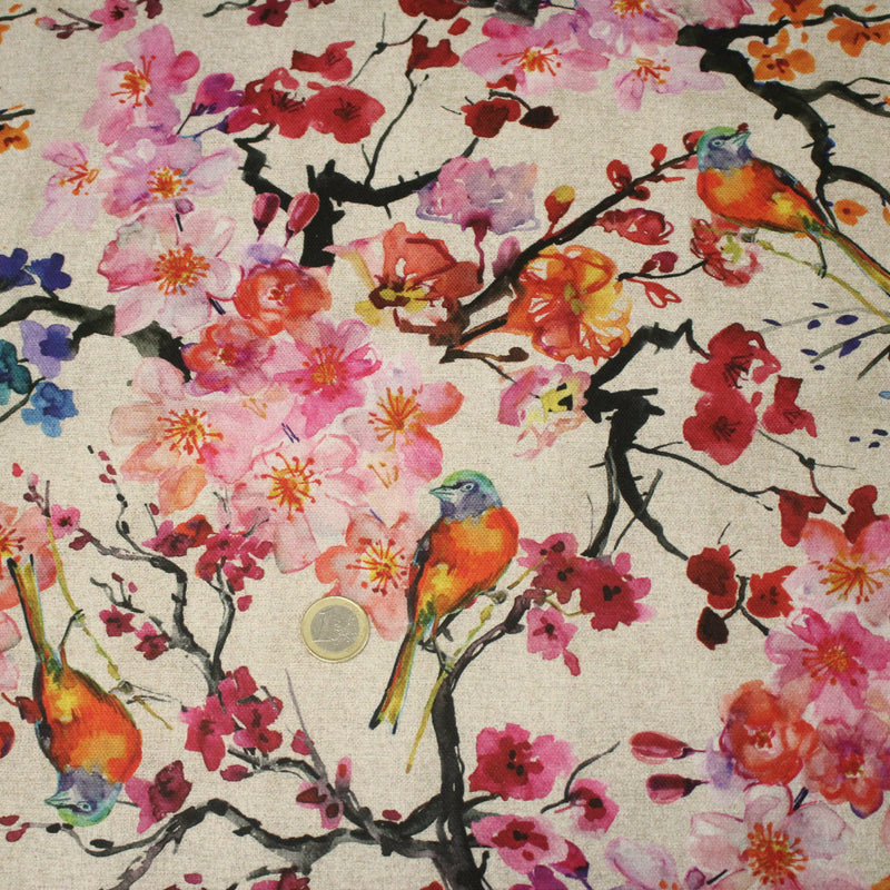 Tissu coton motif jardin japonais GUNMA aux oiseaux et fleurs de cerisier, fond lin - OEKO - TEX - tissuspipi.com