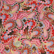 Tissu cotonnade motif japonais LES PLUMES DE PAON dorées, bleu turquoise ou rose fuchsia - COLLECTION JAPON DORÉ - tissuspipi.com