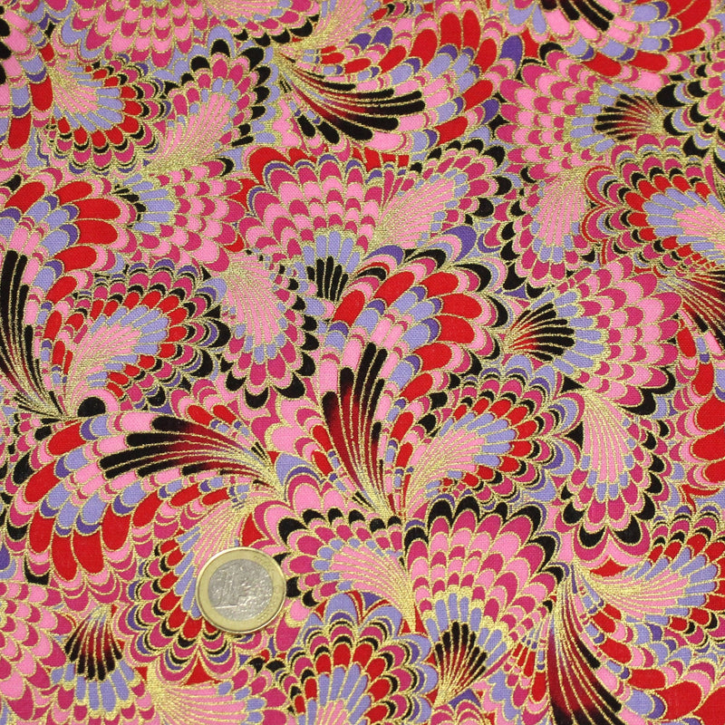 Tissu cotonnade motif japonais LES PLUMES DE PAON dorées, bleu turquoise ou rose fuchsia - COLLECTION JAPON DORÉ - tissuspipi.com