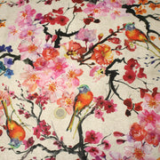 Tissu coton motif jardin japonais GUNMA aux oiseaux et fleurs de cerisier, fond lin - OEKO - TEX - tissuspipi.com
