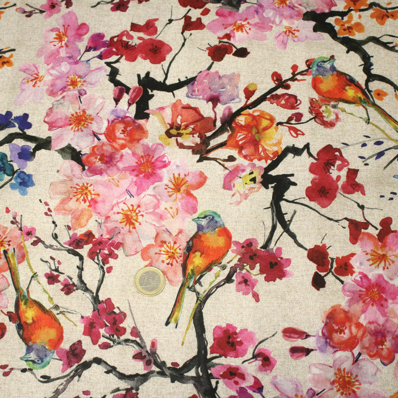 Tissu coton motif jardin japonais GUNMA aux oiseaux et fleurs de cerisier, fond lin - OEKO - TEX - tissuspipi.com