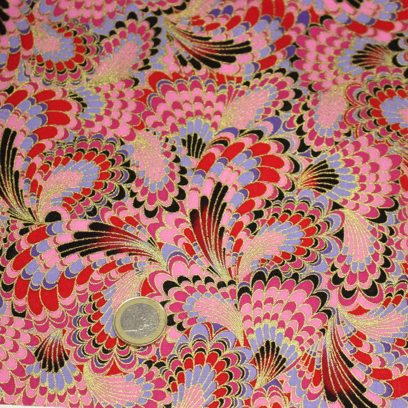Tissu cotonnade motif japonais LES PLUMES DE PAON dorées, bleu turquoise ou rose fuchsia - COLLECTION JAPON DORÉ - tissuspipi.com