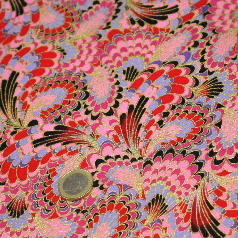 Tissu cotonnade motif japonais LES PLUMES DE PAON dorées, bleu turquoise ou rose fuchsia - COLLECTION JAPON DORÉ - tissuspipi.com