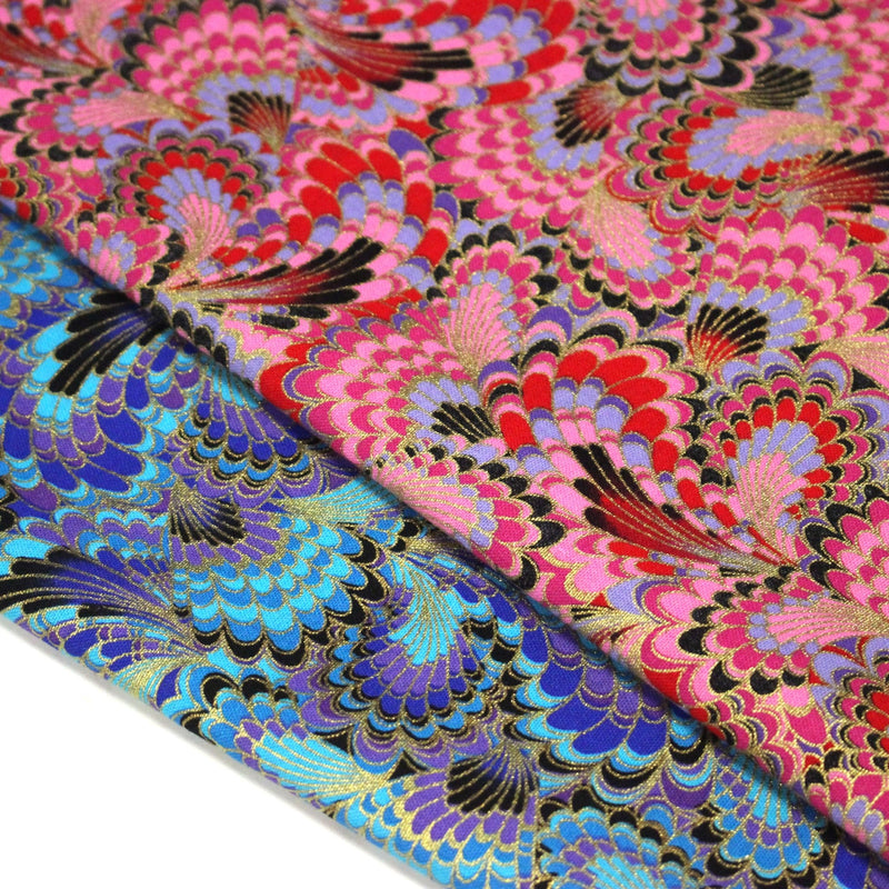 Tissu cotonnade motif japonais LES PLUMES DE PAON dorées, bleu turquoise ou rose fuchsia - COLLECTION JAPON DORÉ - tissuspipi.com