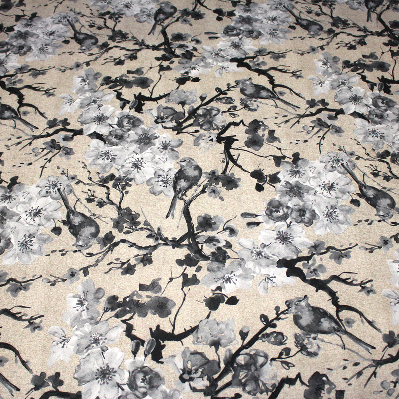 Tissu coton motif jardin japonais GUNMA aux oiseaux et fleurs de cerisier, fond lin - OEKO - TEX - tissuspipi.com