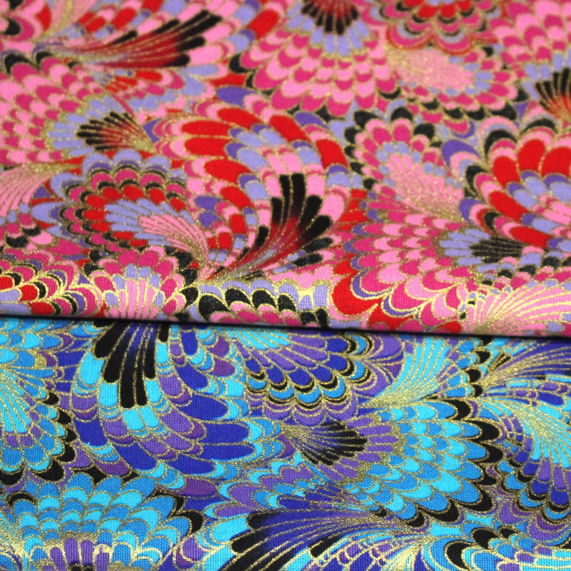 Tissu cotonnade motif japonais LES PLUMES DE PAON dorées, bleu turquoise ou rose fuchsia - COLLECTION JAPON DORÉ - tissuspipi.com