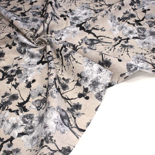 Tissu coton motif jardin japonais GUNMA aux oiseaux et fleurs de cerisier, fond lin - OEKO - TEX - tissuspipi.com