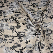 Tissu coton motif jardin japonais GUNMA aux oiseaux et fleurs de cerisier, fond lin - OEKO - TEX - tissuspipi.com