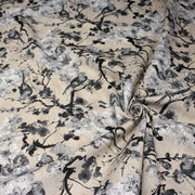 Tissu coton motif jardin japonais GUNMA aux oiseaux et fleurs de cerisier, fond lin - OEKO - TEX - tissuspipi.com