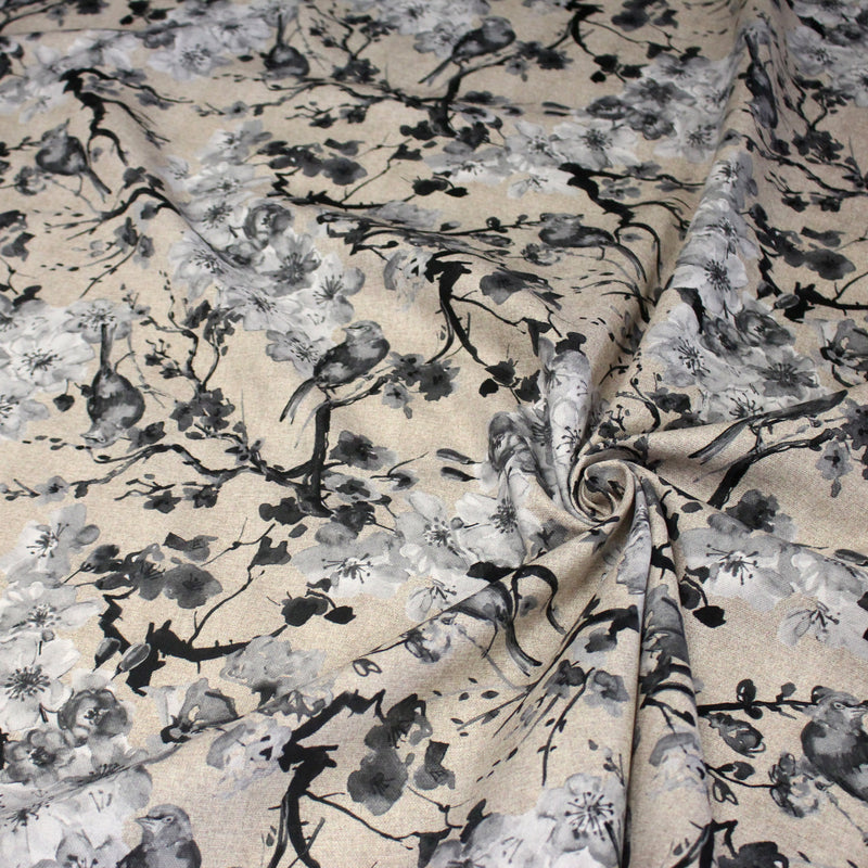 Tissu coton motif jardin japonais GUNMA aux oiseaux et fleurs de cerisier, fond lin - OEKO - TEX - tissuspipi.com