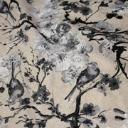 Tissu coton motif jardin japonais GUNMA aux oiseaux et fleurs de cerisier, fond lin - OEKO - TEX - tissuspipi.com