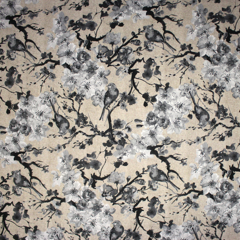 Tissu coton motif jardin japonais GUNMA aux oiseaux et fleurs de cerisier, fond lin - OEKO - TEX - tissuspipi.com