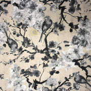 Tissu coton motif jardin japonais GUNMA aux oiseaux et fleurs de cerisier, fond lin - OEKO - TEX - tissuspipi.com