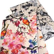 Tissu coton motif jardin japonais GUNMA aux oiseaux et fleurs de cerisier, fond lin - OEKO - TEX - tissuspipi.com