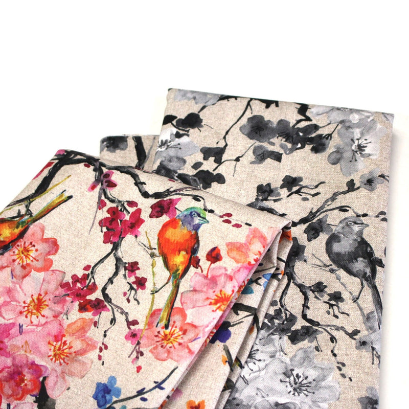 Tissu coton motif jardin japonais GUNMA aux oiseaux et fleurs de cerisier, fond lin - OEKO - TEX - tissuspipi.com