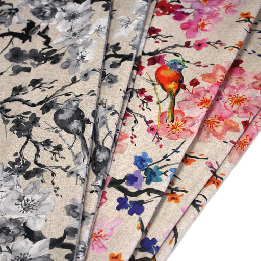Tissu coton motif jardin japonais GUNMA aux oiseaux et fleurs de cerisier, fond lin - OEKO - TEX - tissuspipi.com