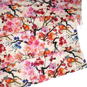 Tissu coton motif jardin japonais GUNMA aux oiseaux et fleurs de cerisier, fond lin - OEKO - TEX - tissuspipi.com