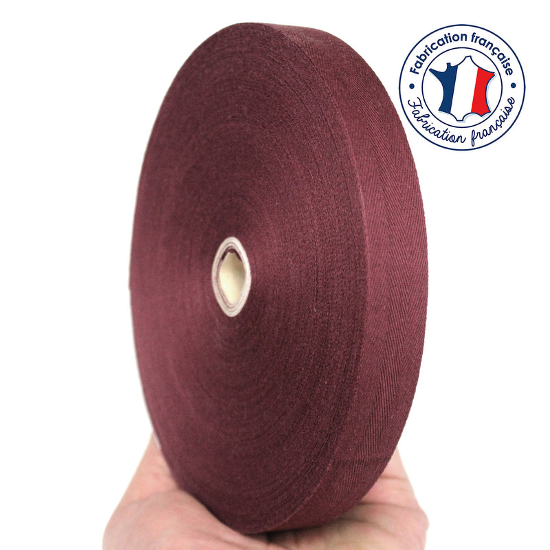 Ruban sergé de coton rouge bordeaux 20mm - Galette de 50 mètres - Fabrication française - tissuspipi.com