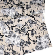 Tissu coton motif jardin japonais GUNMA aux oiseaux et fleurs de cerisier, fond lin - OEKO - TEX - tissuspipi.com