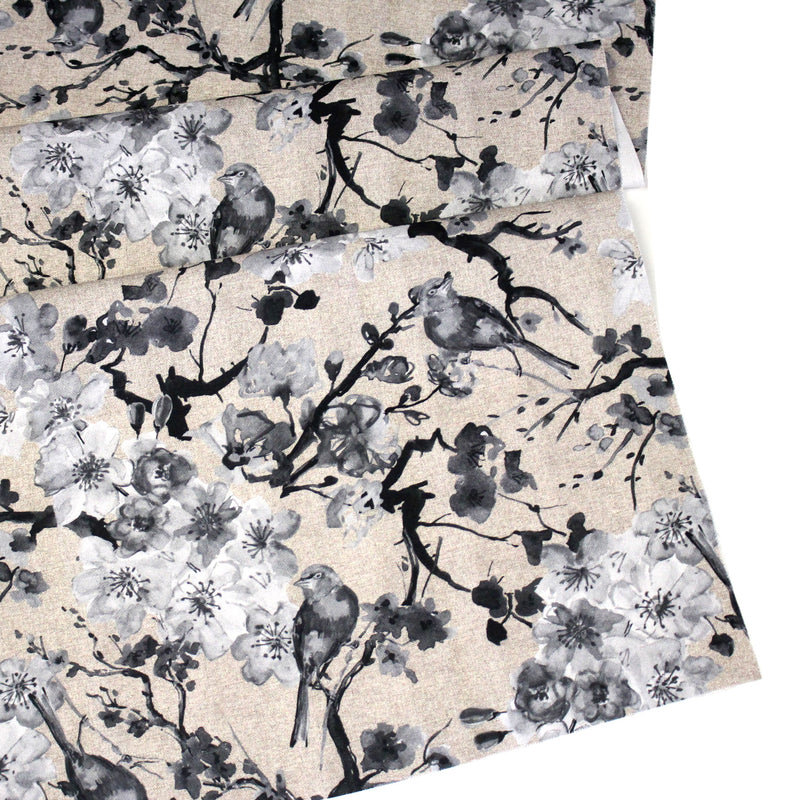 Tissu coton motif jardin japonais GUNMA aux oiseaux et fleurs de cerisier, fond lin - OEKO - TEX - tissuspipi.com