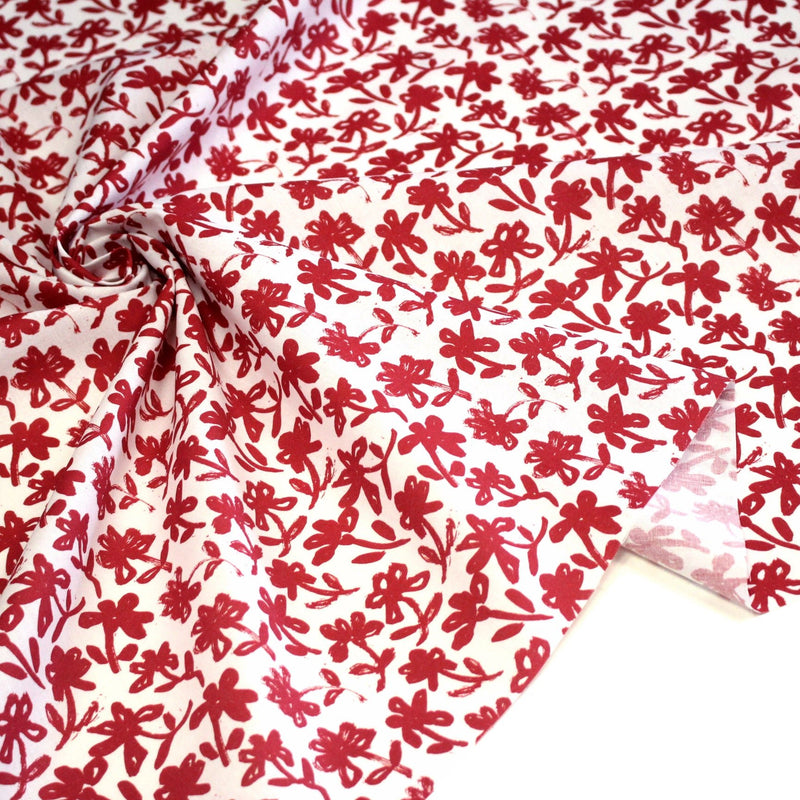Tissu cotonnade aux fleurs japonaise & dessins à l'encre de Chine : rouge, noir, bleu - OEKO - TEX - tissuspipi.com