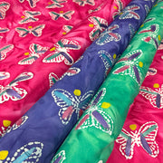 Tissu coton block print aux papillons blanc : rose, vert, violet - MADE IN INDIA - tissuspipi.com