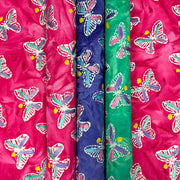 Tissu coton block print aux papillons blanc : rose, vert, violet - MADE IN INDIA - tissuspipi.com