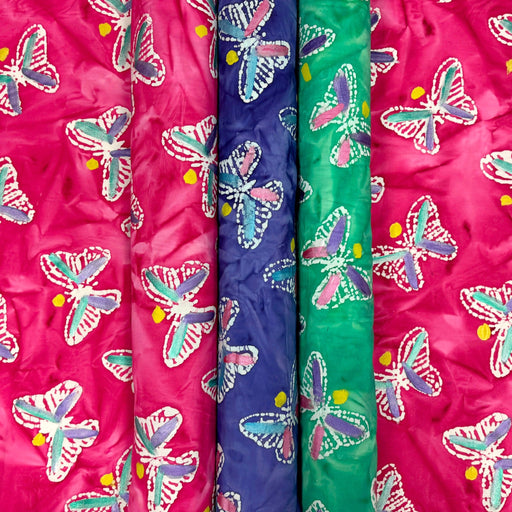 Tissu coton block print aux papillons blanc : rose, vert, violet - MADE IN INDIA - tissuspipi.com