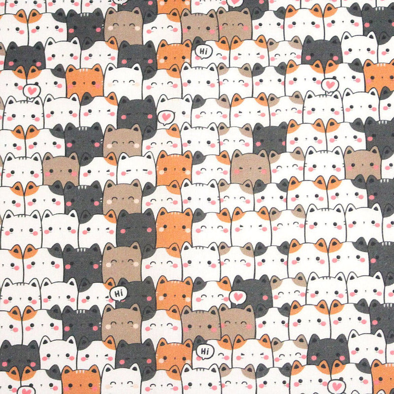 Tissu cotonnade KAWAII aux chats japonais blancs, gris et roux - OEKO - TEX - tissuspipi.com