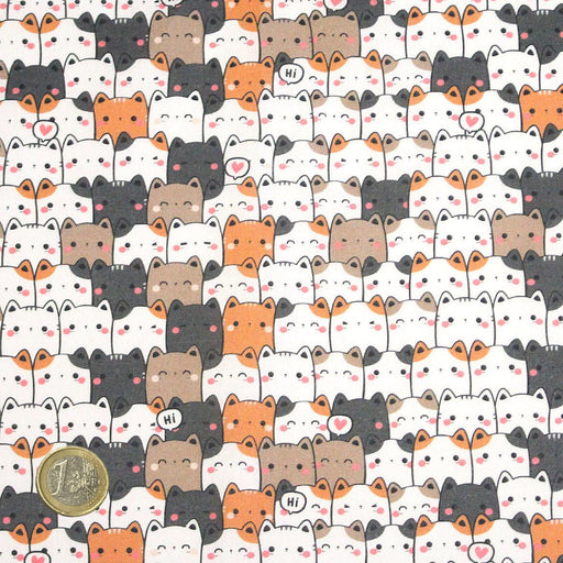 Tissu cotonnade KAWAII aux chats japonais blancs, gris et roux - OEKO - TEX - tissuspipi.com