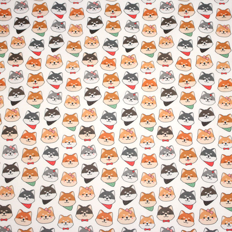 Tissu cotonnade KAWAII aux chiens japonais Shiba blancs, gris et roux, noeud papillon & bandanas - OEKO - TEX - tissuspipi.com