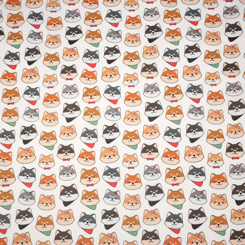 Tissu cotonnade KAWAII aux chiens japonais Shiba blancs, gris et roux, noeud papillon & bandanas - OEKO - TEX - tissuspipi.com