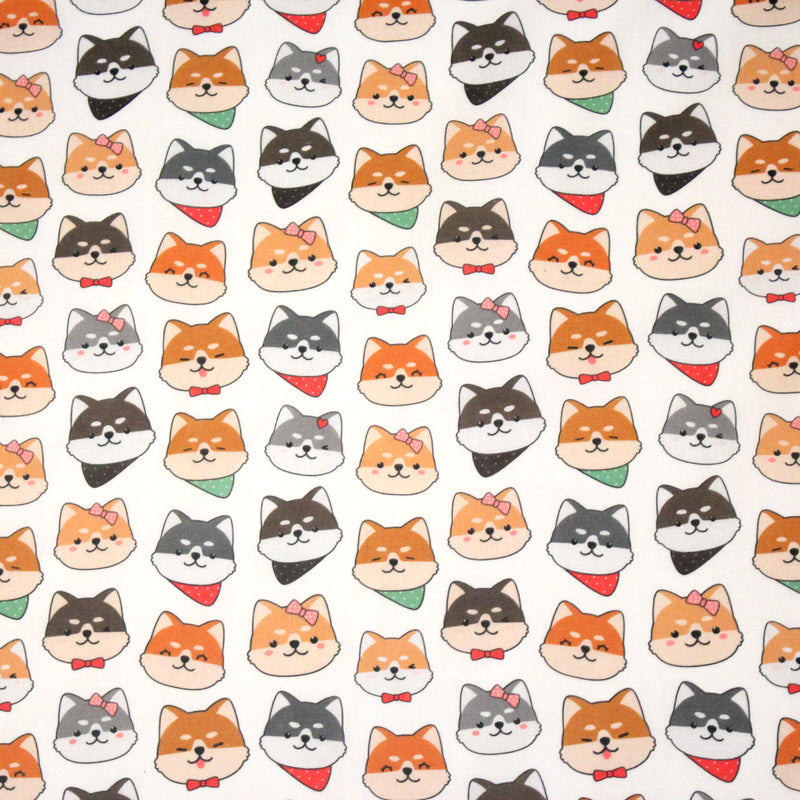 Tissu cotonnade KAWAII aux chiens japonais Shiba blancs, gris et roux, noeud papillon & bandanas - OEKO - TEX - tissuspipi.com