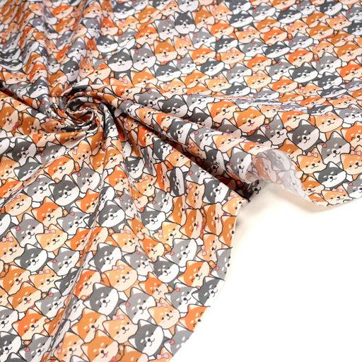 Tissu cotonnade KAWAII aux chiens japonais Shiba blancs, gris et roux, noeud papillon - OEKO - TEX - tissuspipi.com