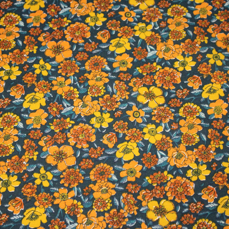Tissu cotonnade motif fleuri bleu canard & jaune orange - OEKO - TEX STANDARD 100 - tissuspipi.com