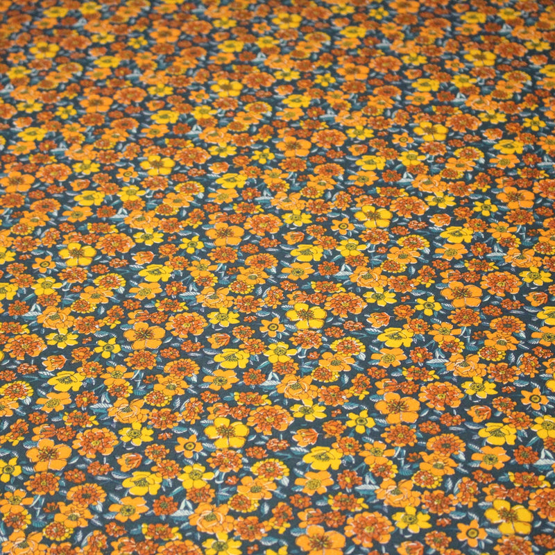 Tissu cotonnade motif fleuri bleu canard & jaune orange - OEKO - TEX STANDARD 100 - tissuspipi.com