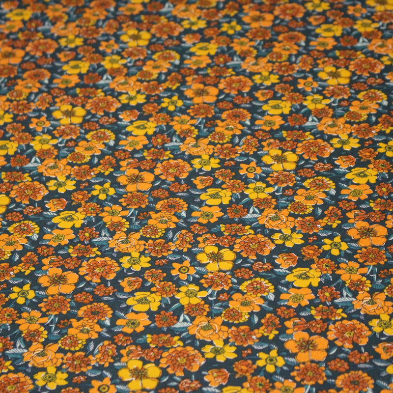 Tissu cotonnade motif fleuri bleu canard & jaune orange - OEKO - TEX STANDARD 100 - tissuspipi.com