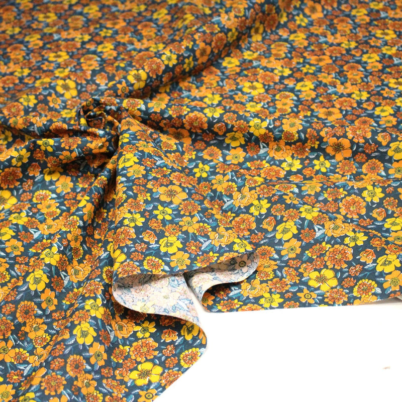 Tissu cotonnade motif fleuri bleu canard & jaune orange - OEKO - TEX STANDARD 100 - tissuspipi.com