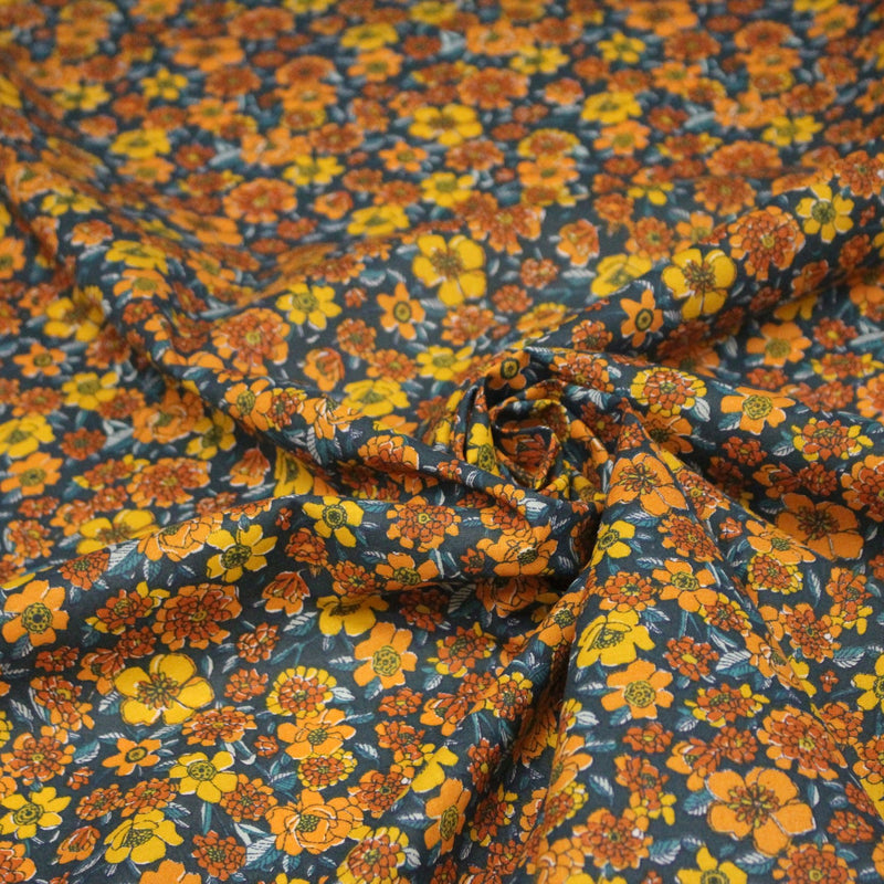 Tissu cotonnade motif fleuri bleu canard & jaune orange - OEKO - TEX STANDARD 100 - tissuspipi.com