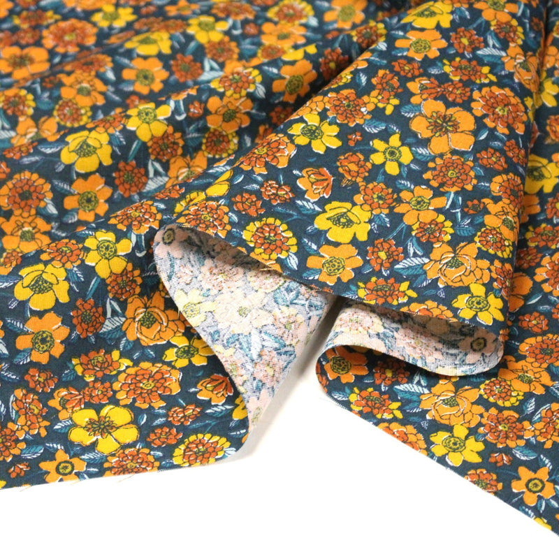 Tissu cotonnade motif fleuri bleu canard & jaune orange - OEKO - TEX STANDARD 100 - tissuspipi.com