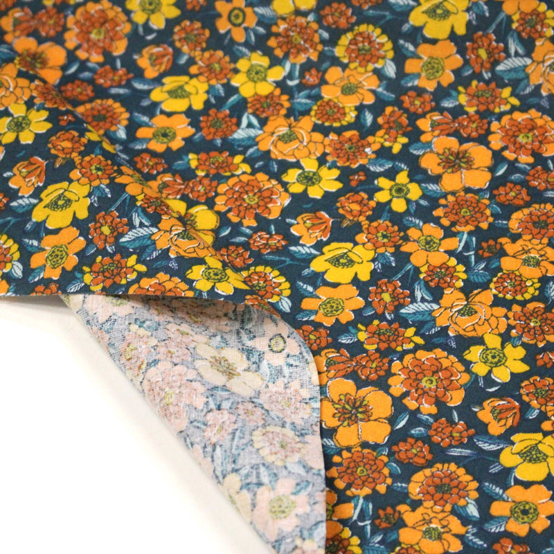 Tissu cotonnade motif fleuri bleu canard & jaune orange - OEKO - TEX STANDARD 100 - tissuspipi.com