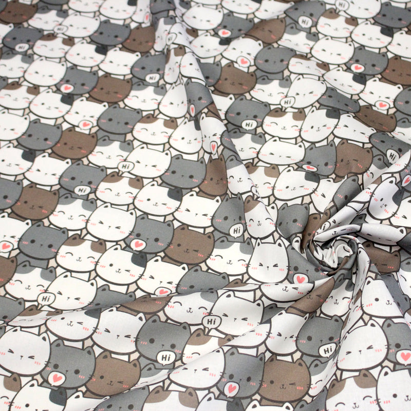 Tissu cotonnade KAWAII aux chats japonais blancs et gris - OEKO - TEX - tissuspipi.com