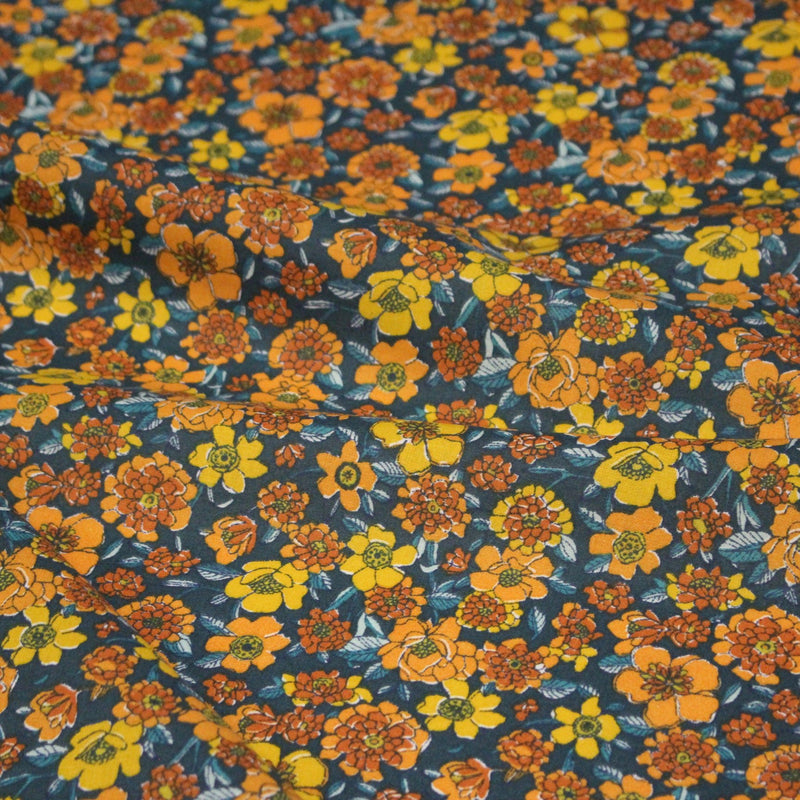 Tissu cotonnade motif fleuri bleu canard & jaune orange - OEKO - TEX STANDARD 100 - tissuspipi.com