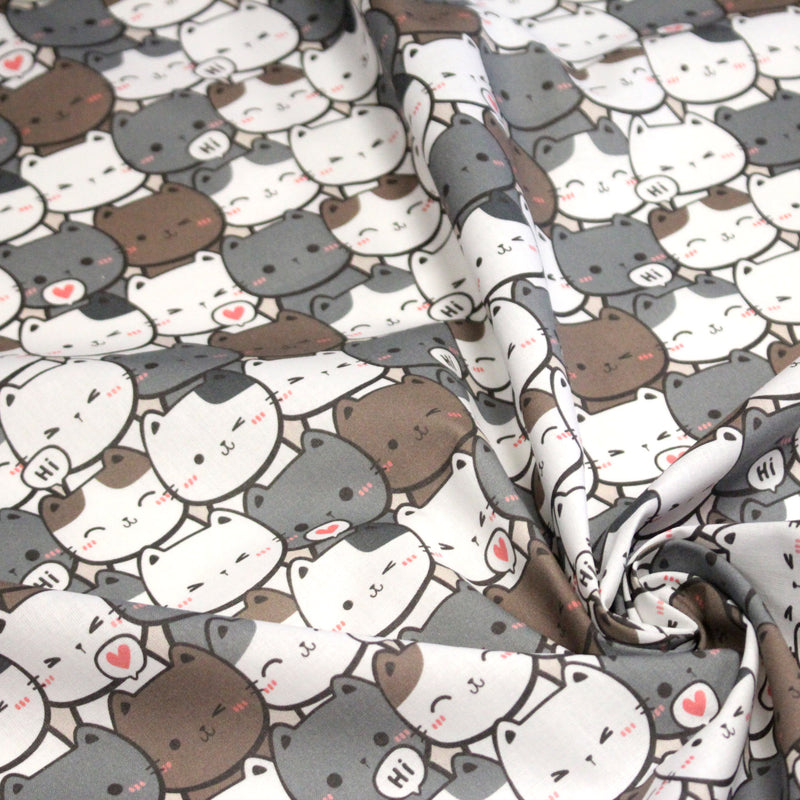 Tissu cotonnade KAWAII aux chats japonais blancs et gris - OEKO - TEX - tissuspipi.com