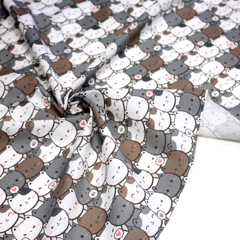 Tissu cotonnade KAWAII aux chats japonais blancs et gris - OEKO - TEX - tissuspipi.com